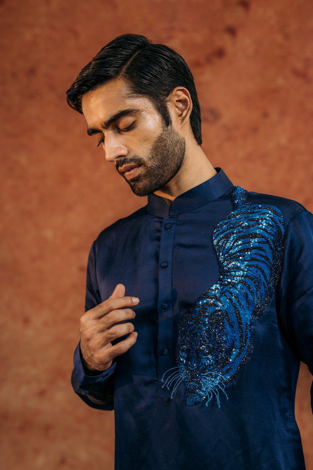 Sundarbans Silk Satin Kurta in Navy