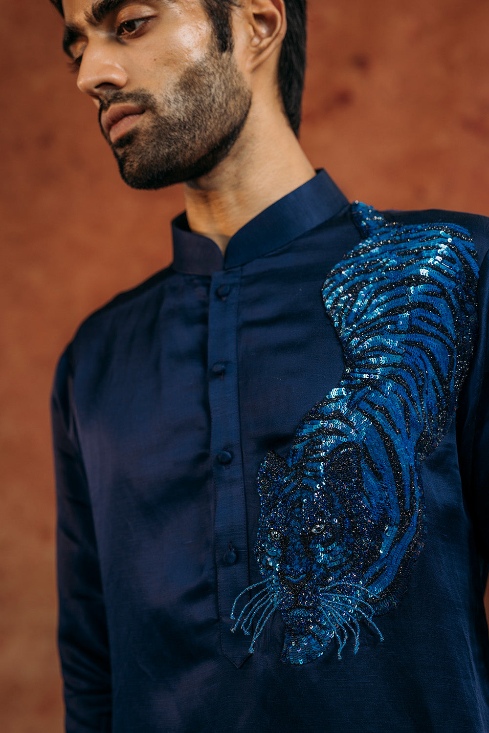 Sundarbans Silk Satin Kurta in Navy