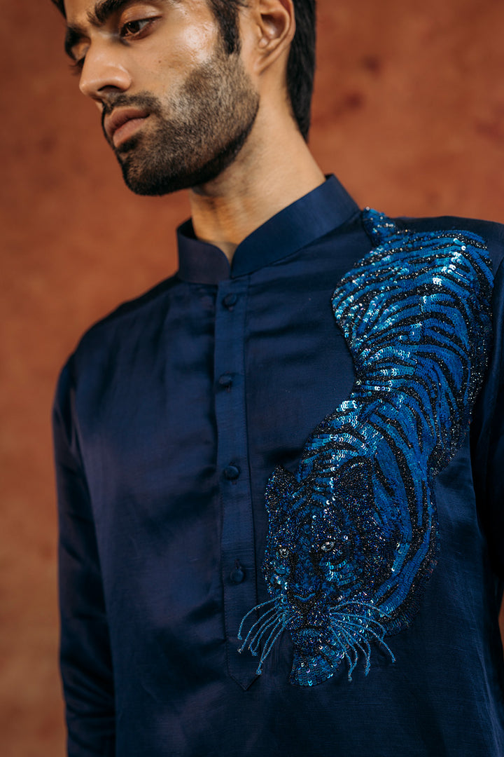 Sundarbans Silk Satin Kurta in Navy