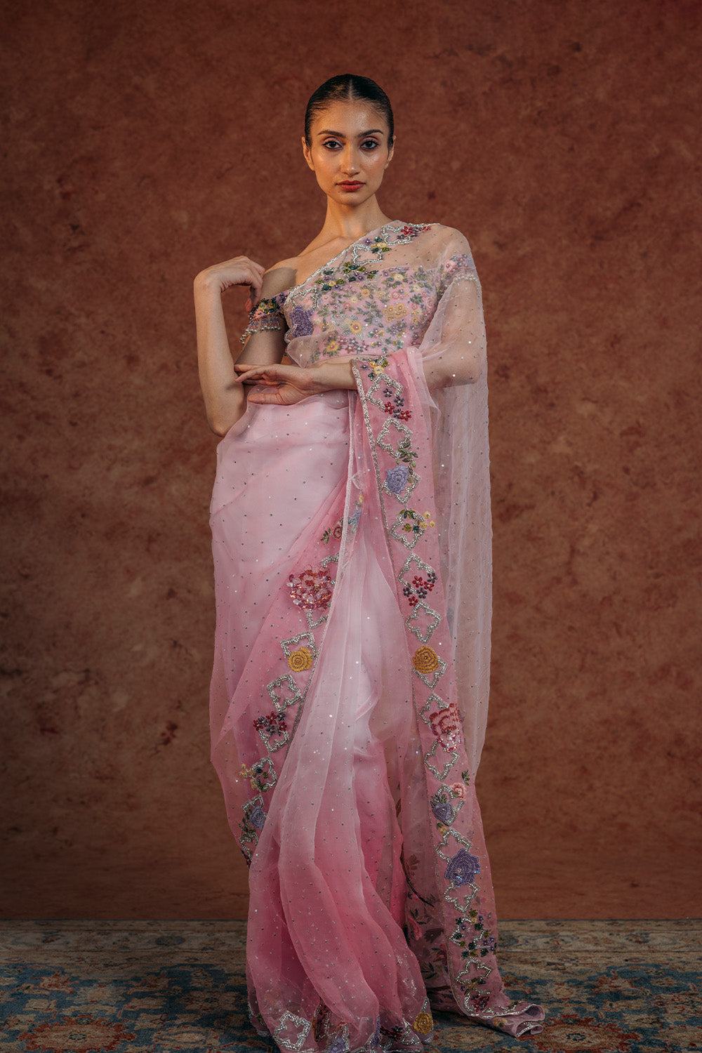 Birds Of Paradise Silk Organza Saree with Silk Georgette Blouse in Lilac Ombre and Lilac