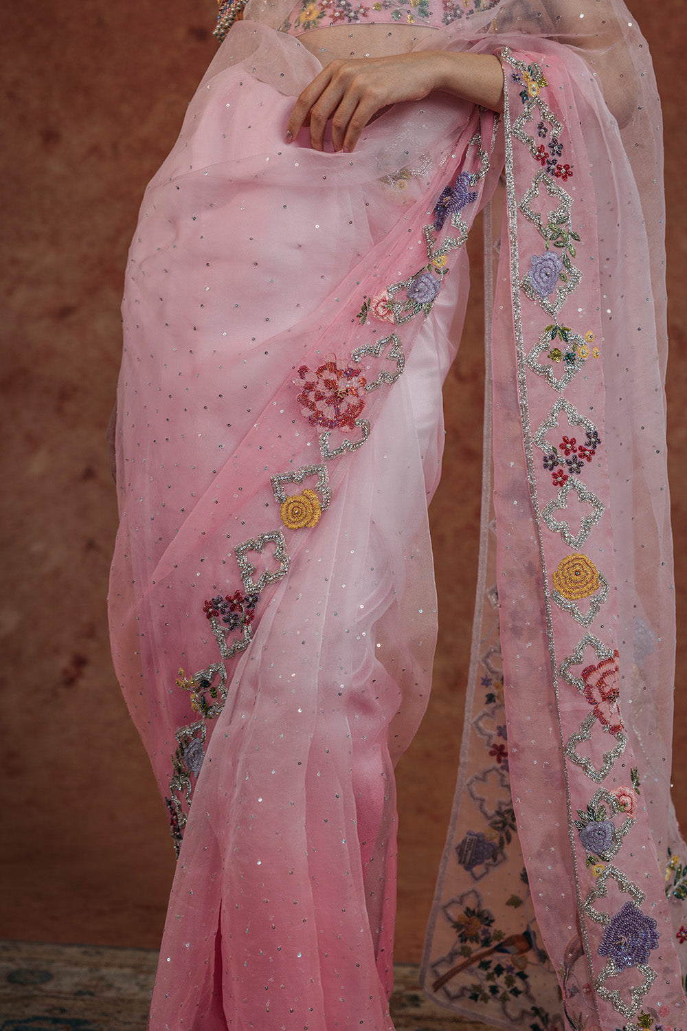 Birds Of Paradise Silk Organza Saree with Silk Georgette Blouse in Lilac Ombre and Lilac