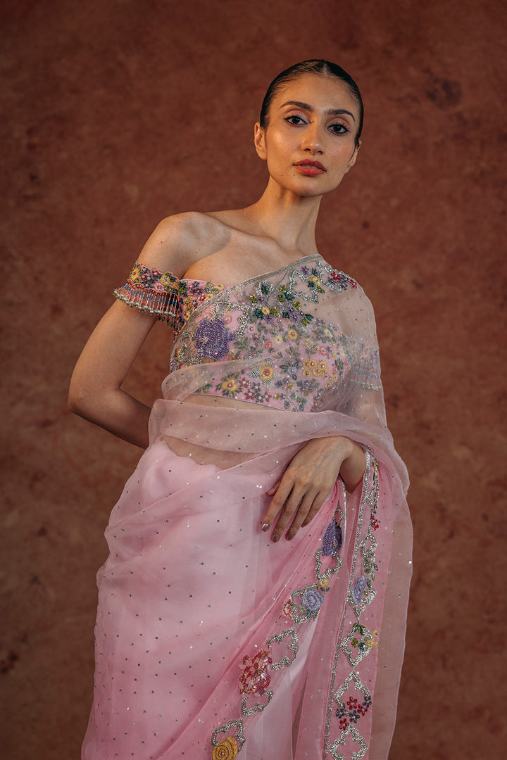 Birds Of Paradise Silk Organza Saree with Silk Georgette Blouse in Lilac Ombre and Lilac