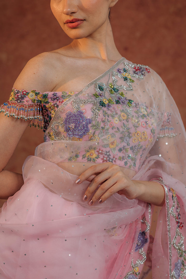 Birds Of Paradise Silk Organza Saree with Silk Georgette Blouse in Lilac Ombre and Lilac