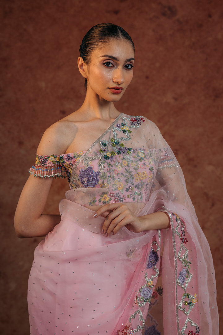 Birds Of Paradise Silk Organza Saree with Silk Georgette Blouse in Lilac Ombre and Lilac