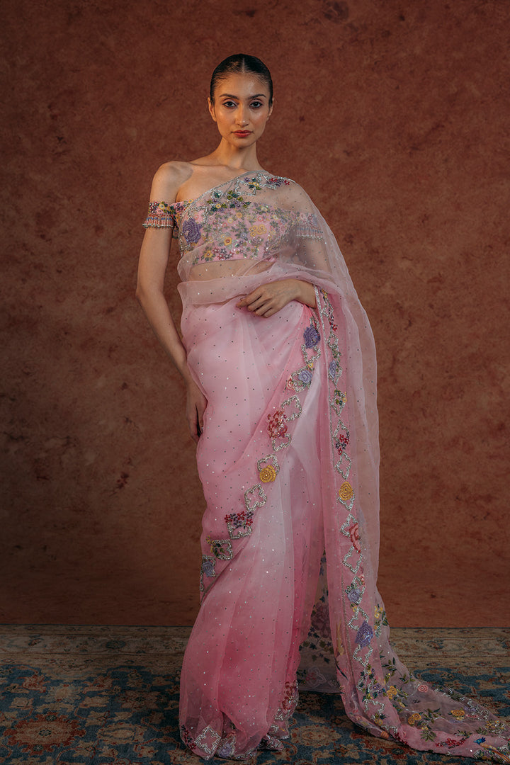 Birds Of Paradise Silk Organza Saree with Silk Georgette Blouse in Lilac Ombre and Lilac