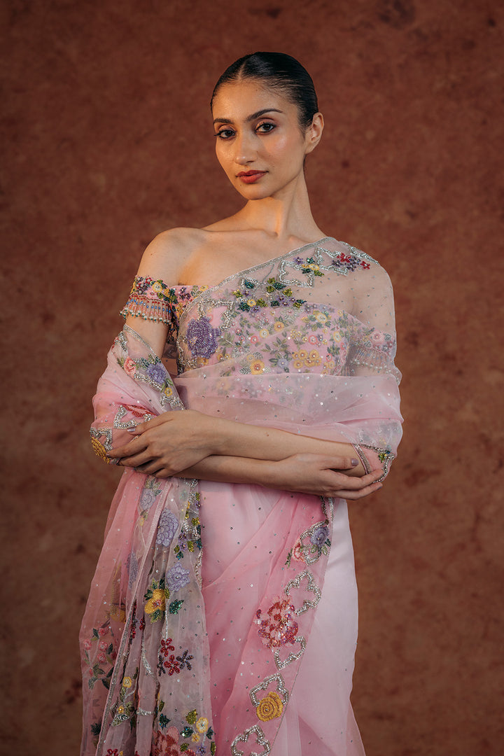 Birds Of Paradise Silk Organza Saree with Silk Georgette Blouse in Lilac Ombre and Lilac