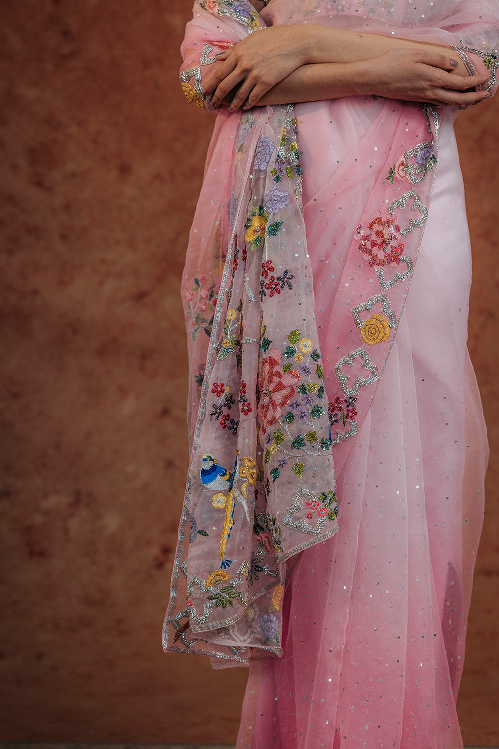 Birds Of Paradise Silk Organza Saree with Silk Georgette Blouse in Lilac Ombre and Lilac