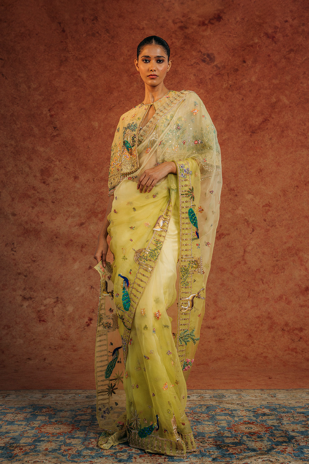 Jharokha Hand-Embroidered Cape with Silk Organza Saree in Mint and Lime Ombre