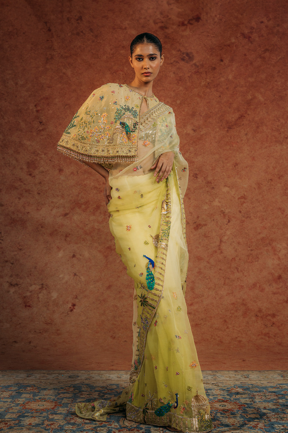 Jharokha Hand-Embroidered Cape with Silk Organza Saree in Mint and Lime Ombre