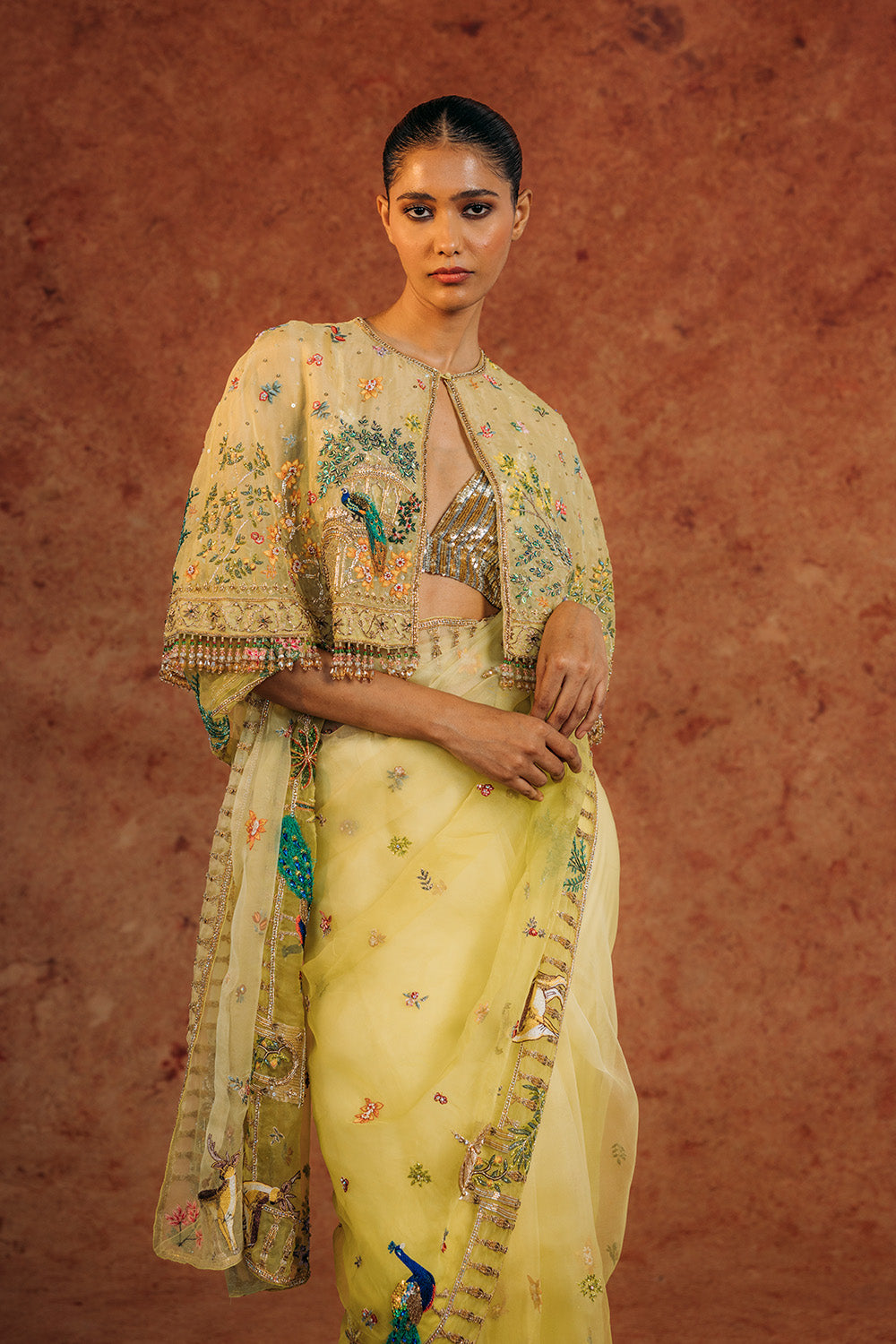 Jharokha Hand-Embroidered Cape with Silk Organza Saree in Mint and Lime Ombre