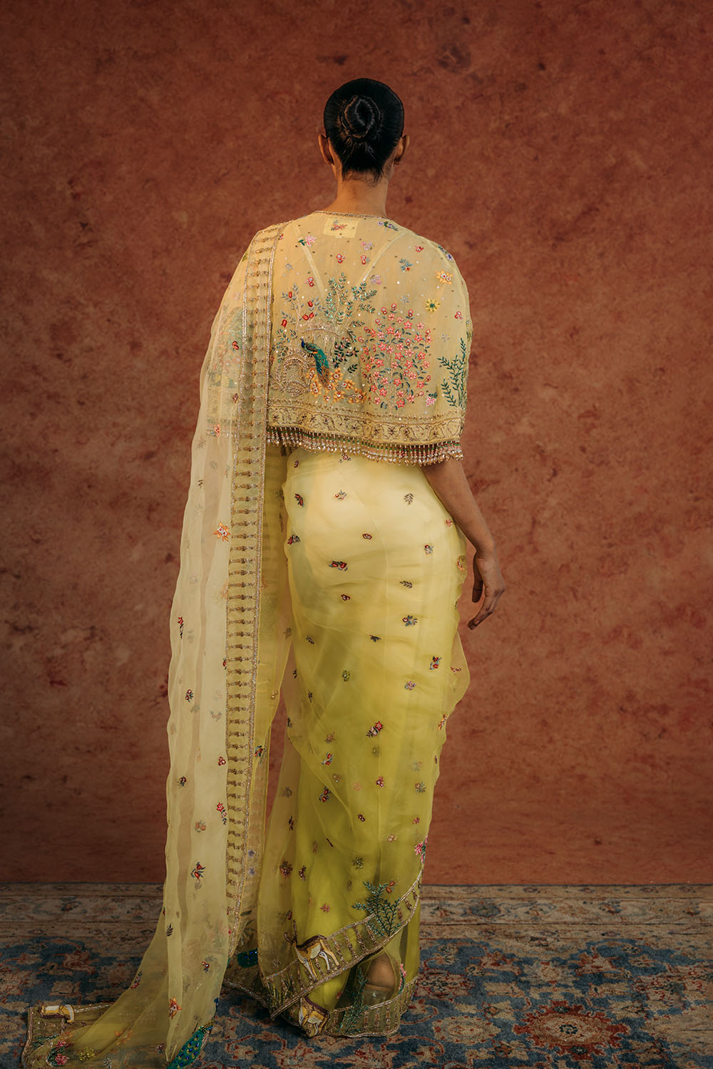 Jharokha Hand-Embroidered Cape with Silk Organza Saree in Mint and Lime Ombre