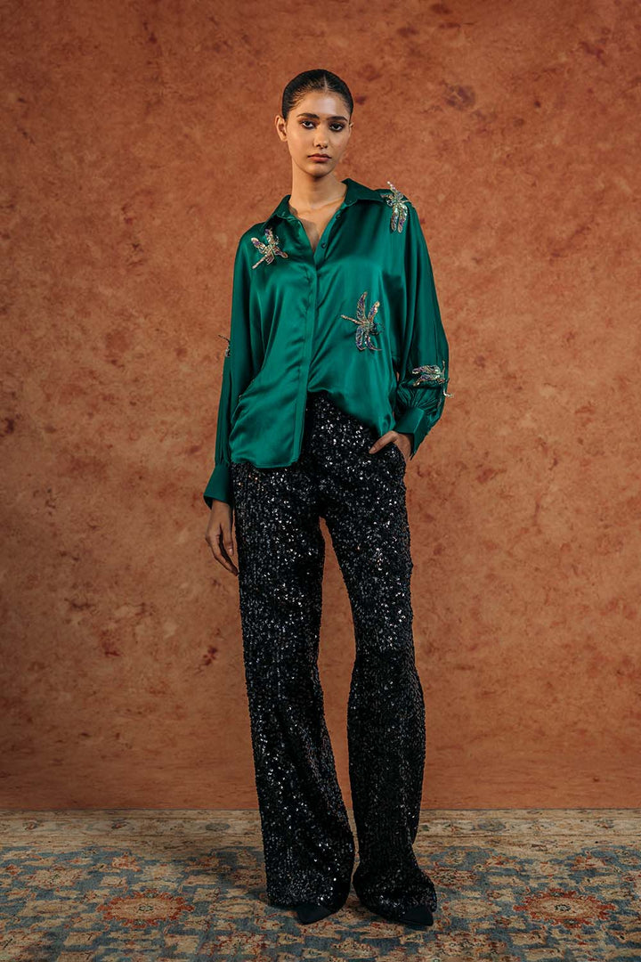 Drangonfly Silk Satin Shirt in Emerald Green