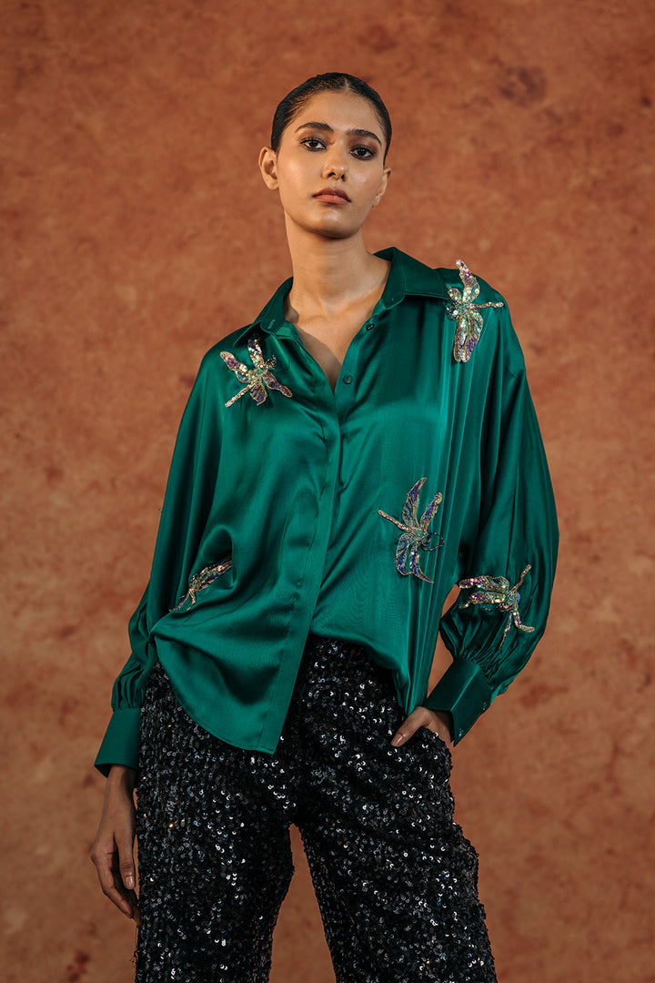 Drangonfly Silk Satin Shirt in Emerald Green