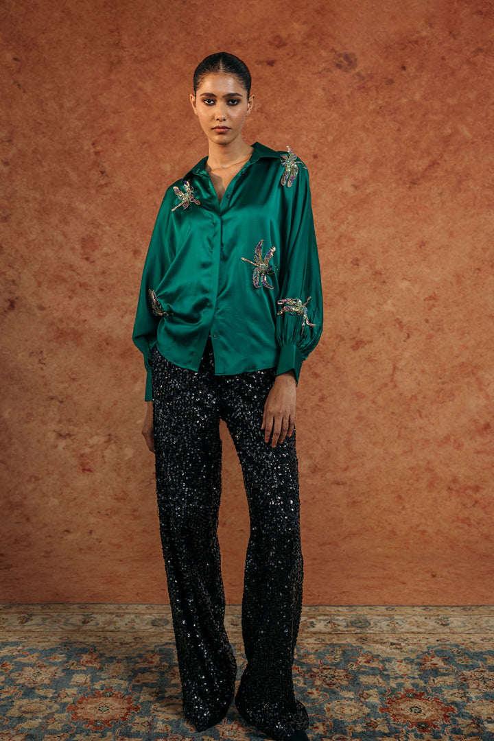 Drangonfly Silk Satin Shirt in Emerald Green