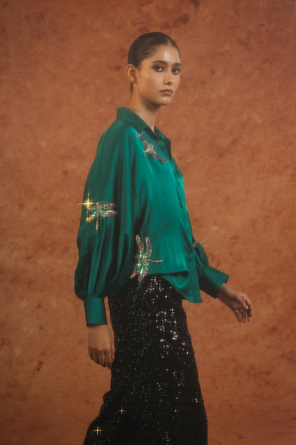 Drangonfly Silk Satin Shirt in Emerald Green