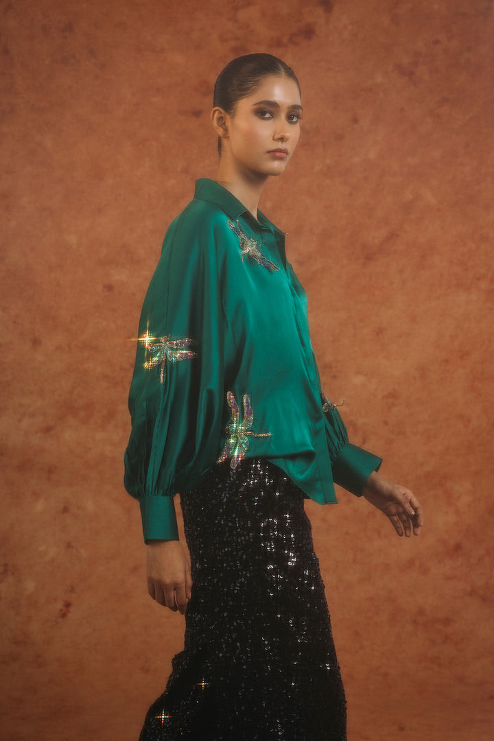 Drangonfly Silk Satin Shirt in Emerald Green
