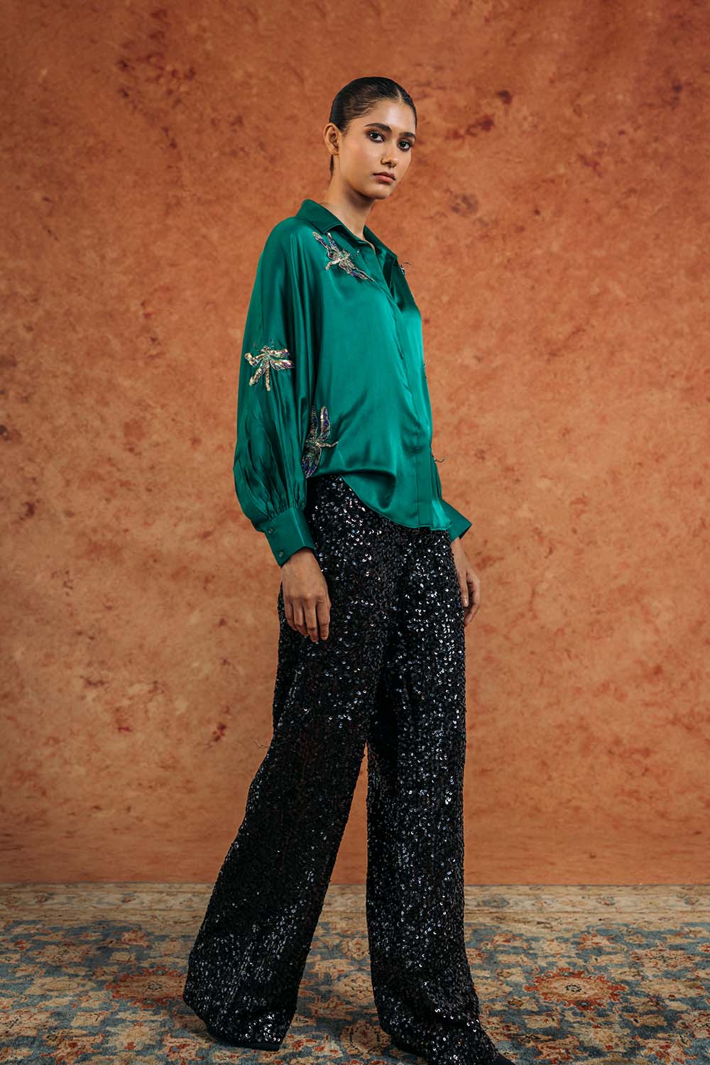 Drangonfly Silk Satin Shirt in Emerald Green