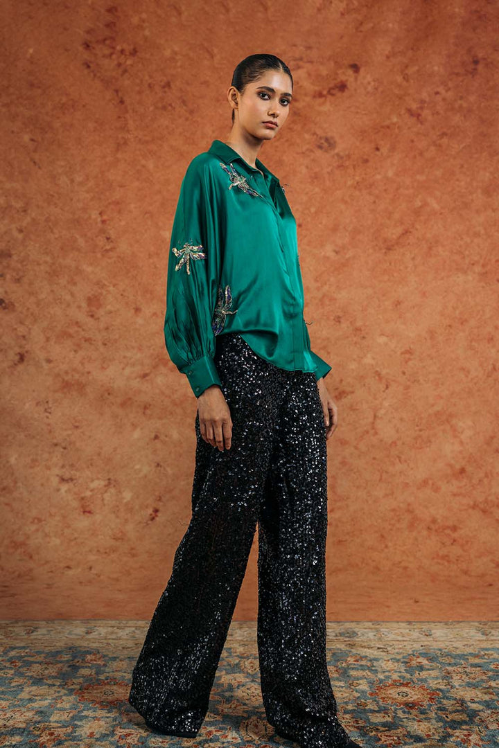 Drangonfly Silk Satin Shirt in Emerald Green