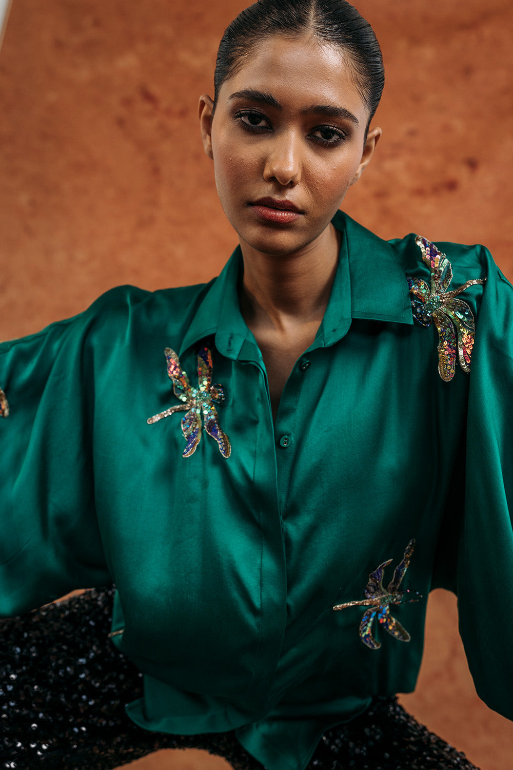 Drangonfly Silk Satin Shirt in Emerald Green