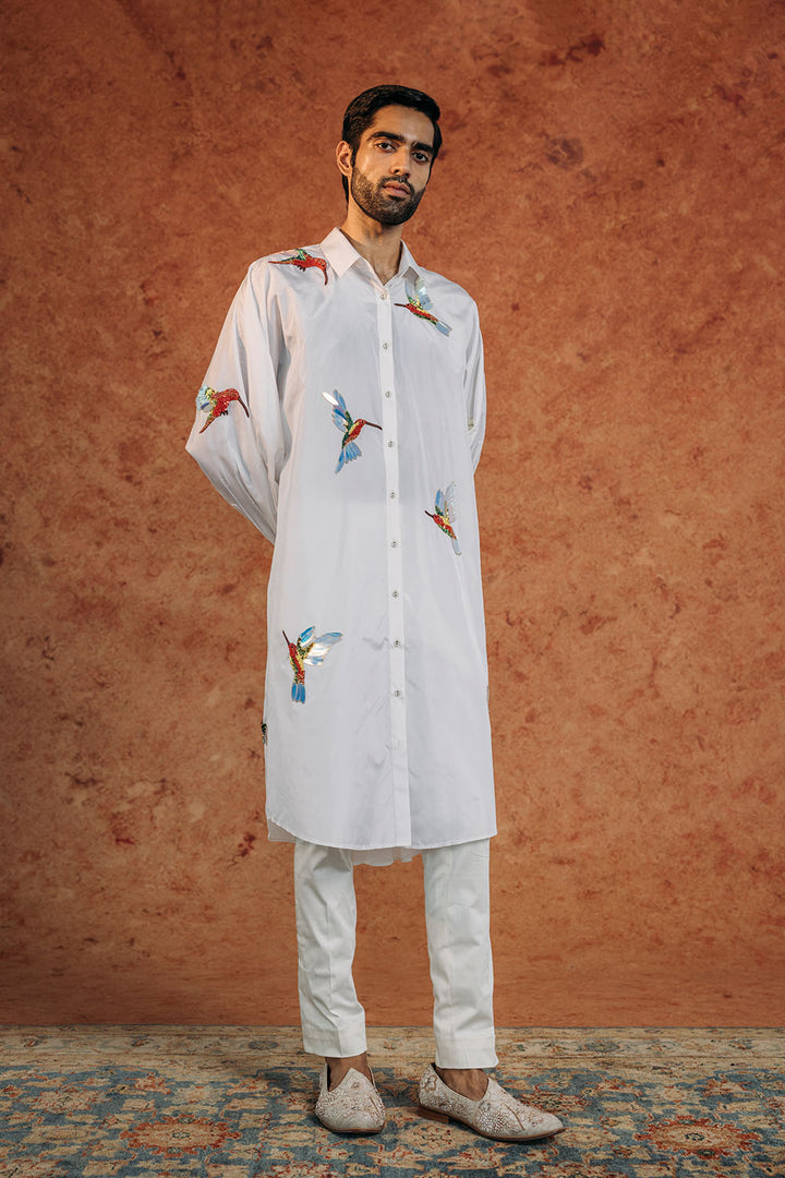 Kingfisher Bird Hand-Embroidered Shirt in Ivory