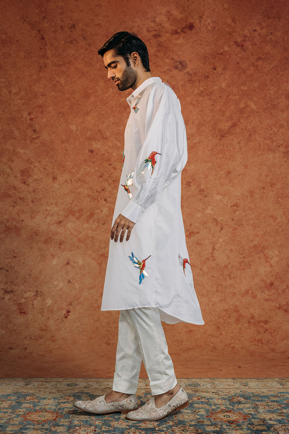 Kingfisher Bird Hand-Embroidered Shirt in Ivory