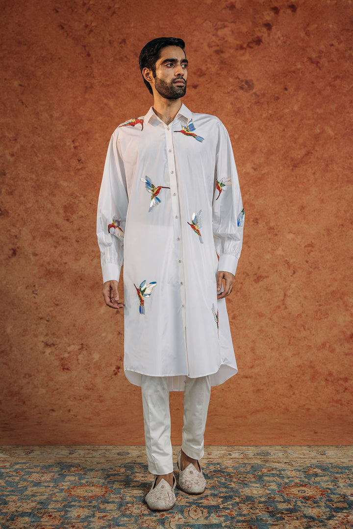 Kingfisher Bird Hand-Embroidered Shirt in Ivory