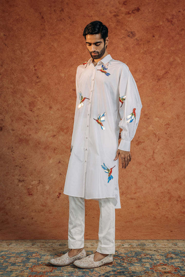 Kingfisher Bird Hand-Embroidered Shirt in Ivory