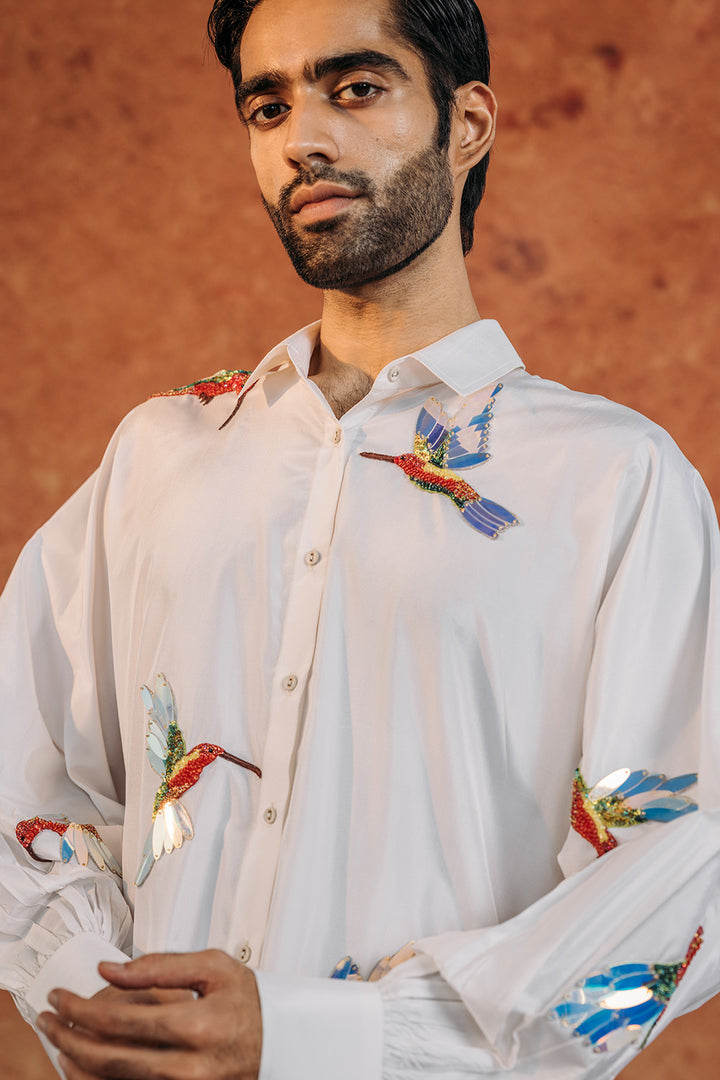 Kingfisher Bird Hand-Embroidered Shirt in Ivory