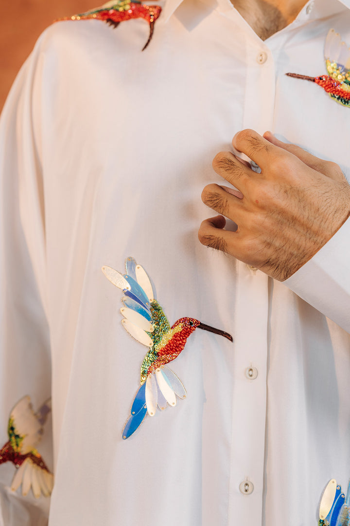 Kingfisher Bird Hand-Embroidered Shirt in Ivory