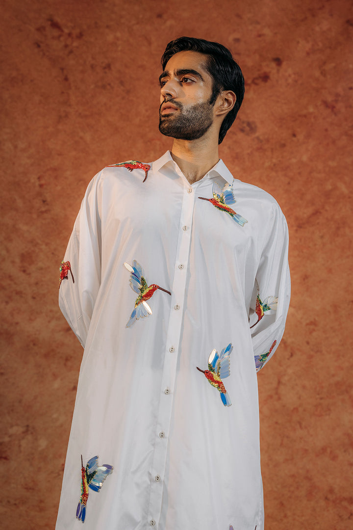Kingfisher Bird Hand-Embroidered Shirt in Ivory