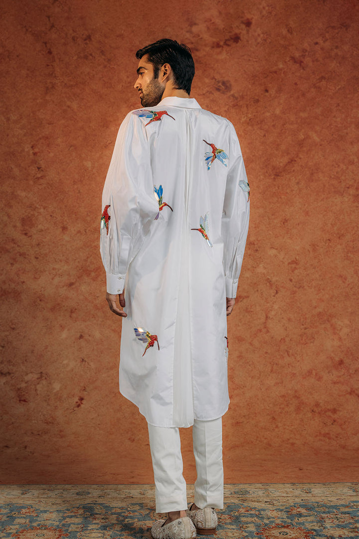 Kingfisher Bird Hand-Embroidered Shirt in Ivory