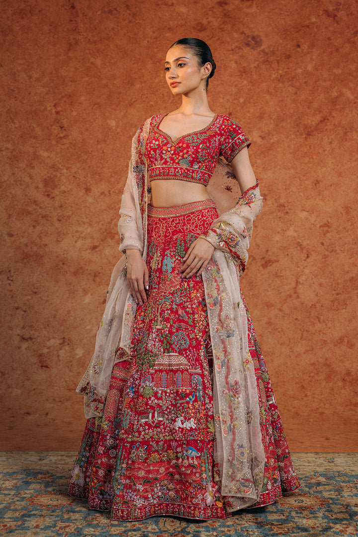 Navbhumi Hand-Sequinned Lehenga &amp; Blouse with Silk Organza Dupattas in Coral, Pink, Dusty Pink, and Multi