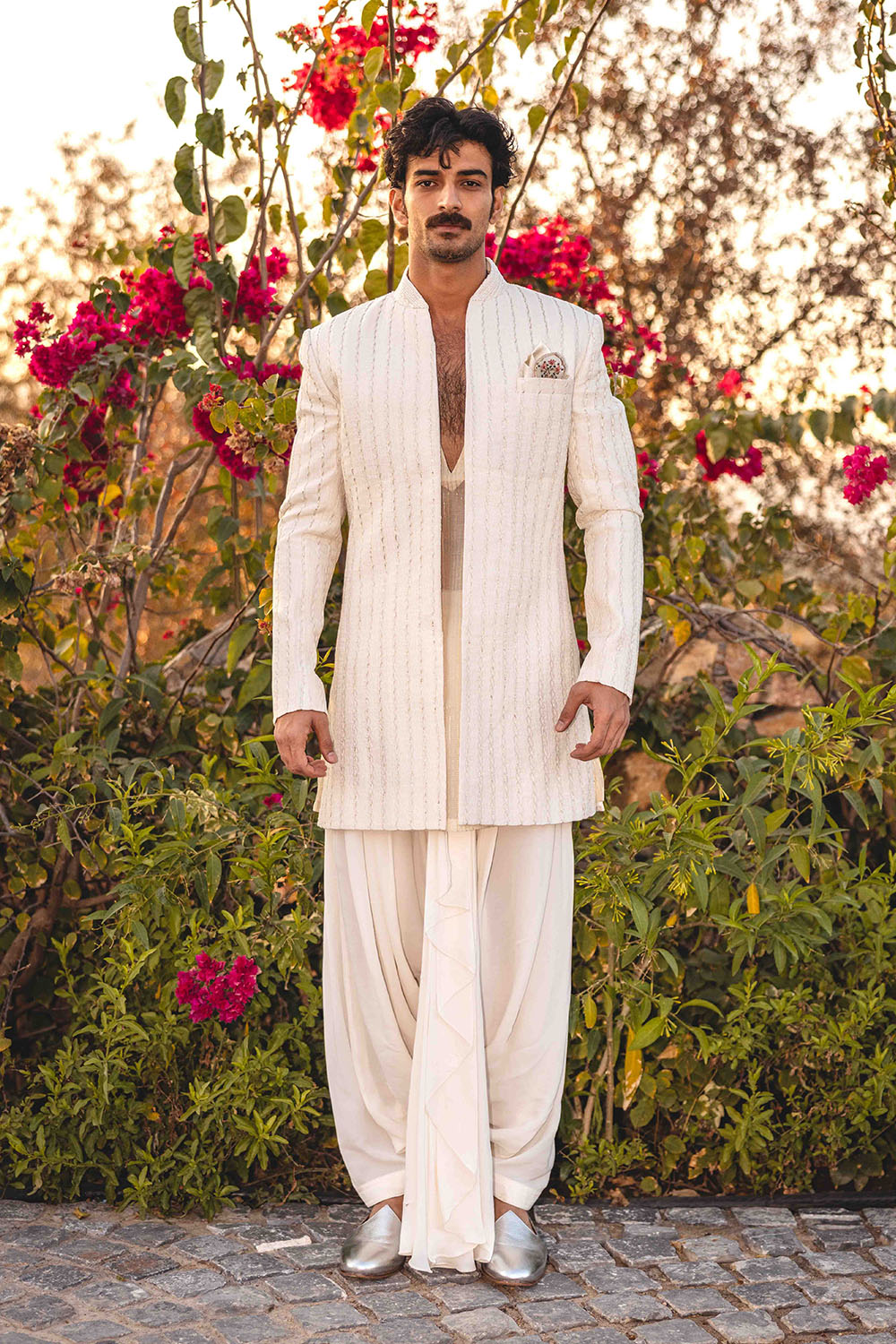 Classic Pintuck Embroidered Chanderi Sherwani