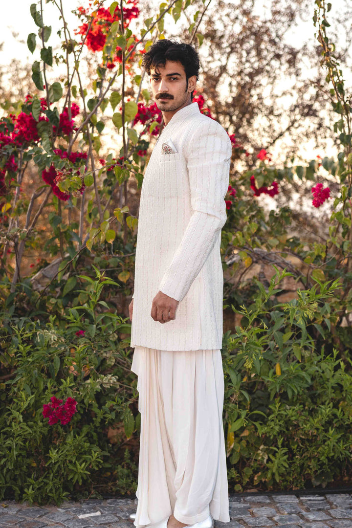 Classic Pintuck Embroidered Chanderi Sherwani