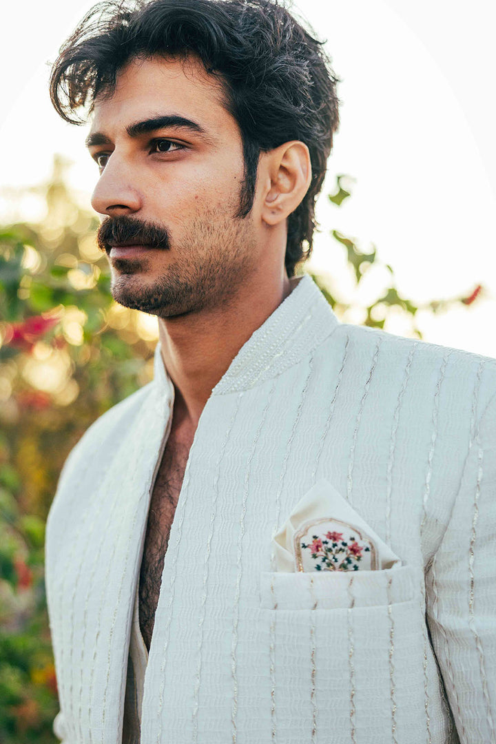 Classic Pintuck Embroidered Chanderi Sherwani