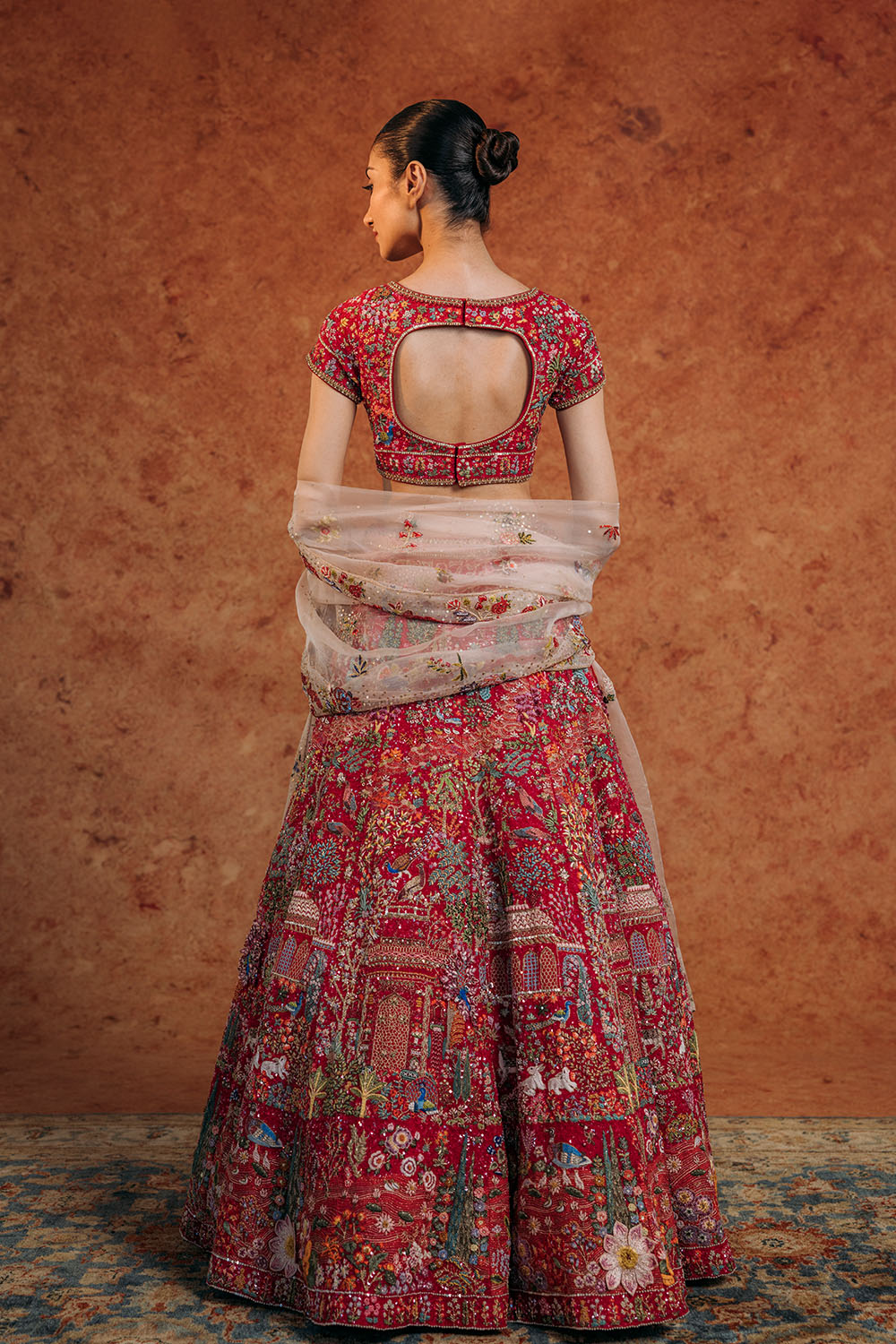 Navbhumi Hand-Sequinned Lehenga &amp; Blouse with Silk Organza Dupattas in Coral, Pink, Dusty Pink, and Multi