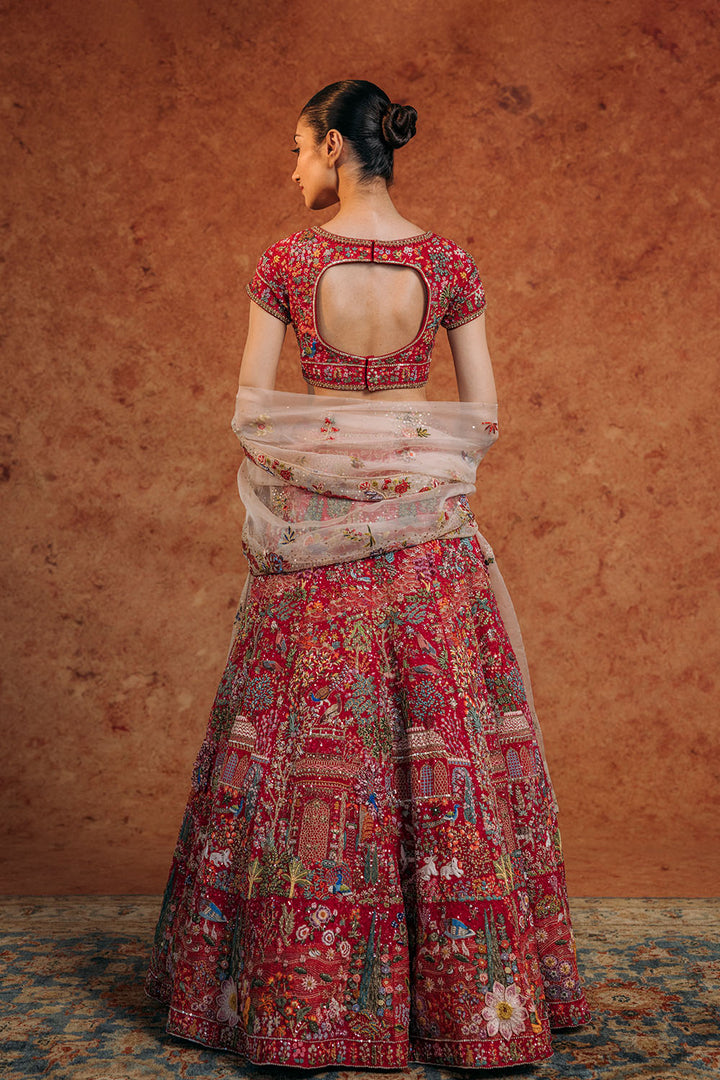 Navbhumi Hand-Sequinned Lehenga &amp; Blouse with Silk Organza Dupattas in Coral, Pink, Dusty Pink, and Multi