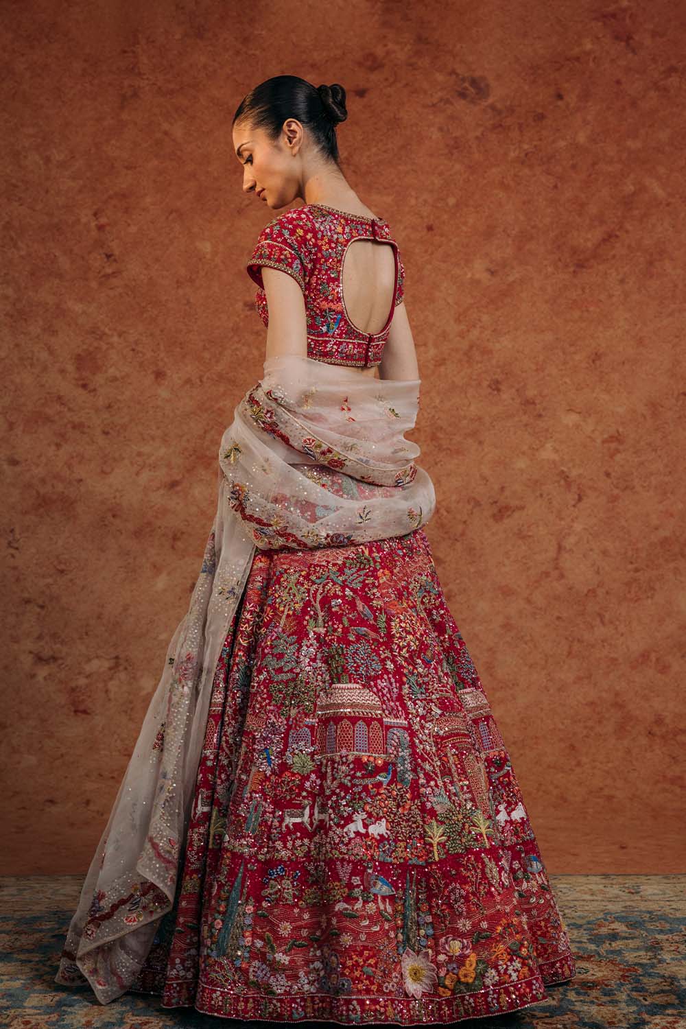 Navbhumi Hand-Sequinned Lehenga &amp; Blouse with Silk Organza Dupattas in Coral, Pink, Dusty Pink, and Multi
