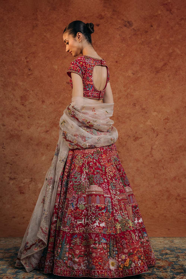 Navbhumi Hand-Sequinned Lehenga &amp; Blouse with Silk Organza Dupattas in Coral, Pink, Dusty Pink, and Multi
