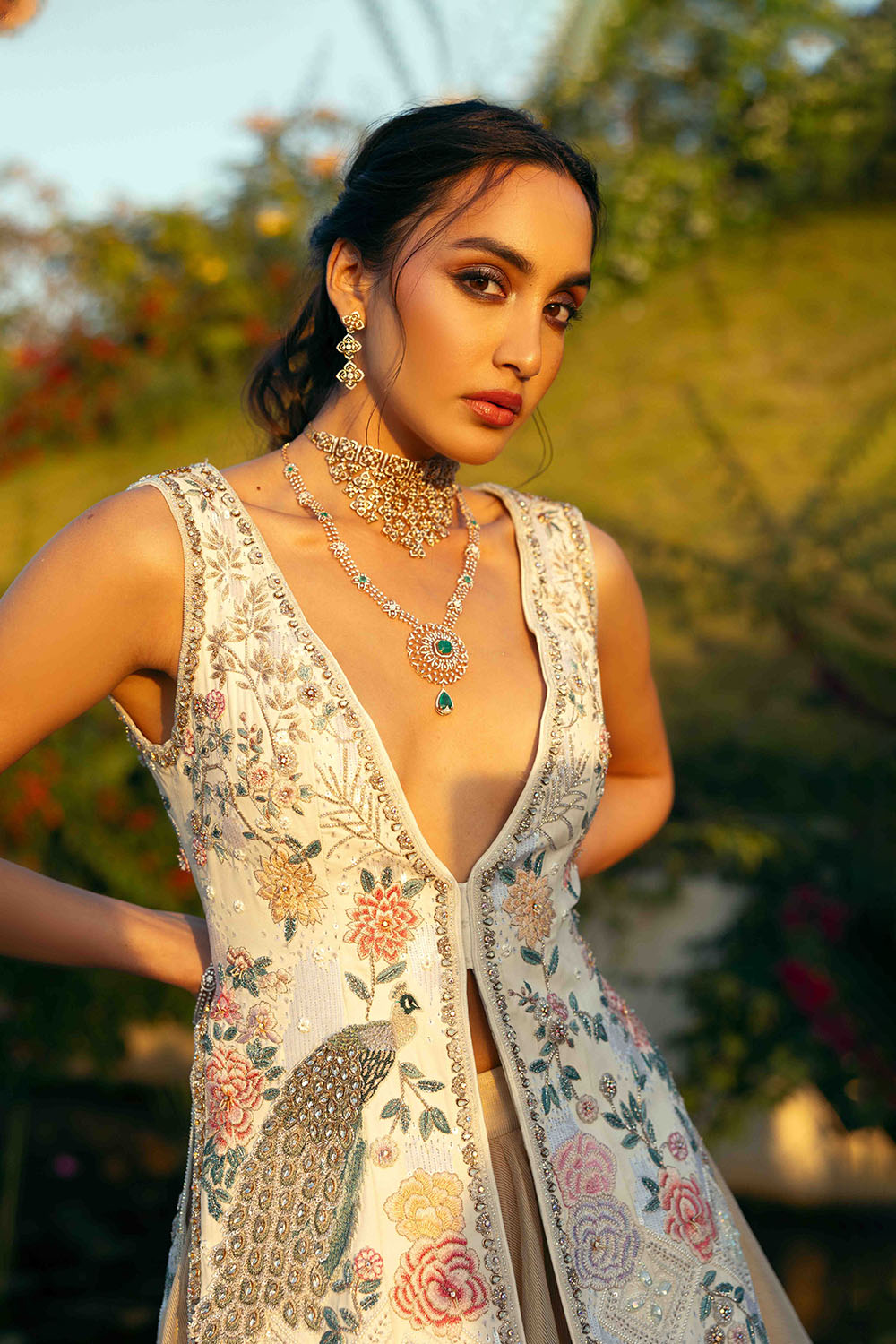 Chikankari Hand Embroidered Short Jacket Set