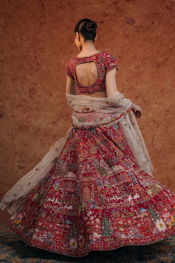 Navbhumi Hand-Sequinned Lehenga &amp; Blouse with Silk Organza Dupattas in Coral, Pink, Dusty Pink, and Multi