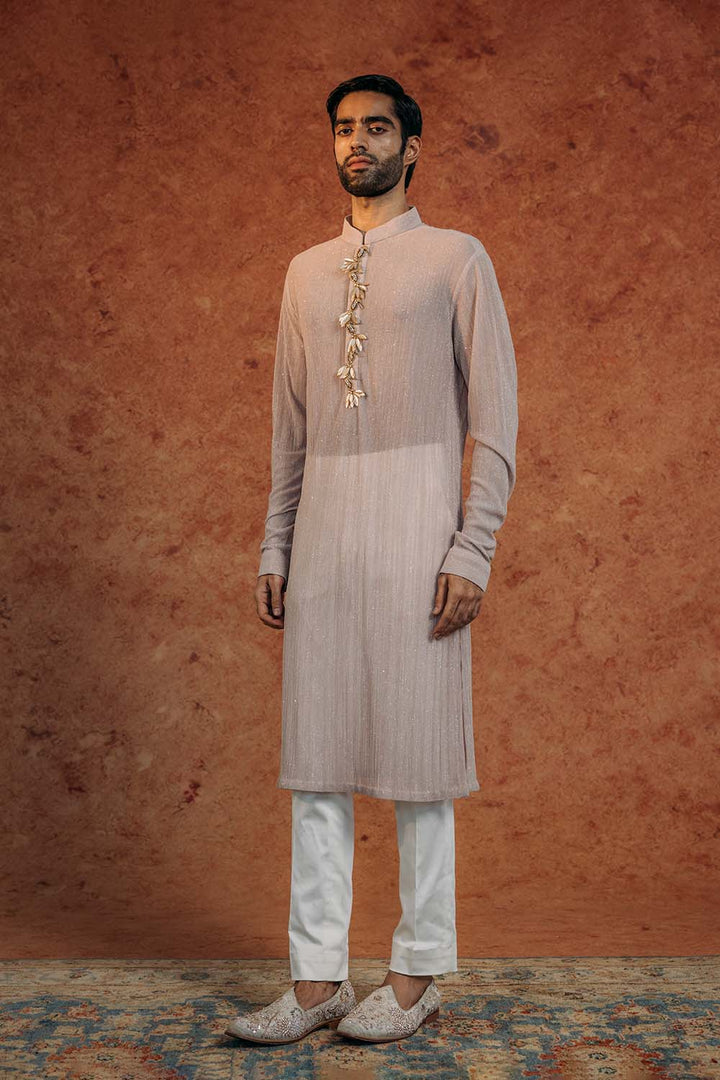 Toucan Bird Hand-Embroidered Kurta in Turqoise