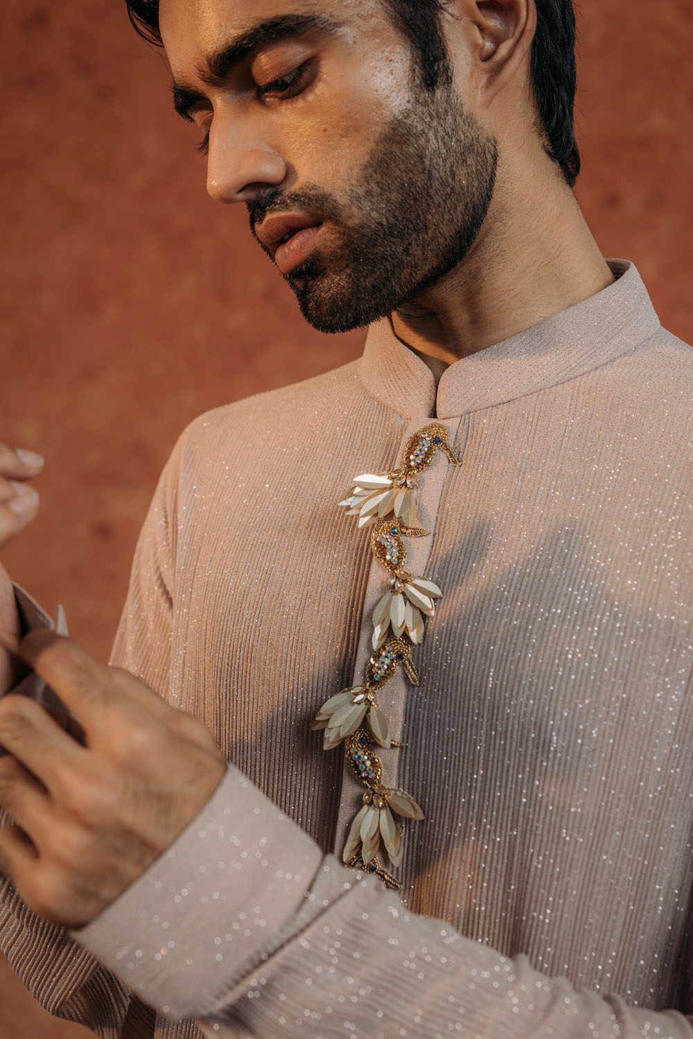 Toucan Bird Hand-Embroidered Kurta in Turqoise