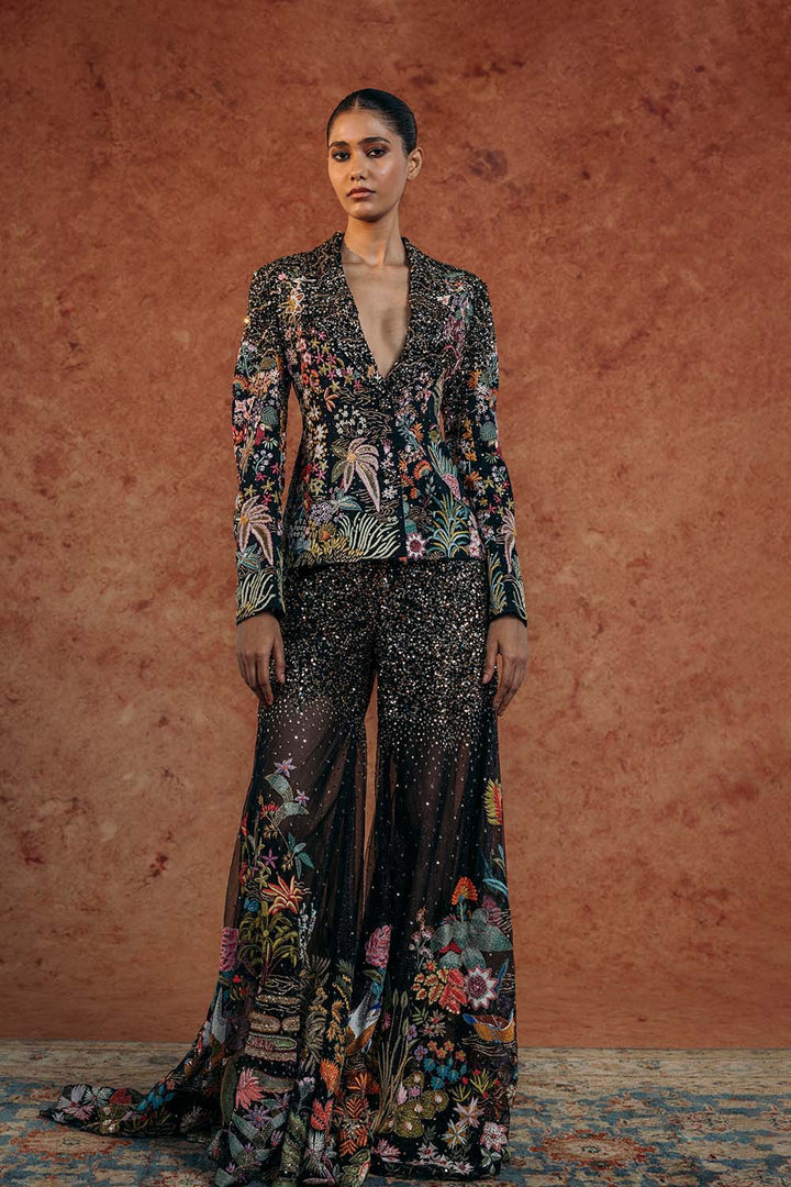 Kayra Hand-Embroidered Jacket with Hand-Embroidered Sharara in Black