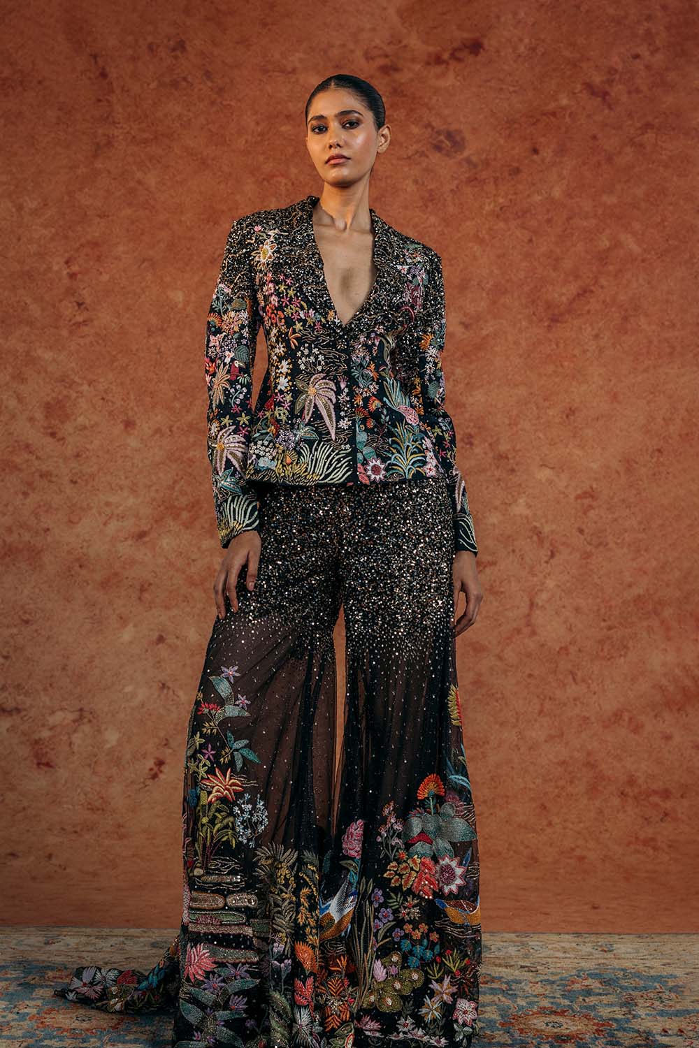 Kayra Hand-Embroidered Jacket with Hand-Embroidered Sharara in Black