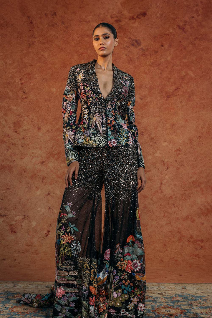 Kayra Hand-Embroidered Jacket with Hand-Embroidered Sharara in Black