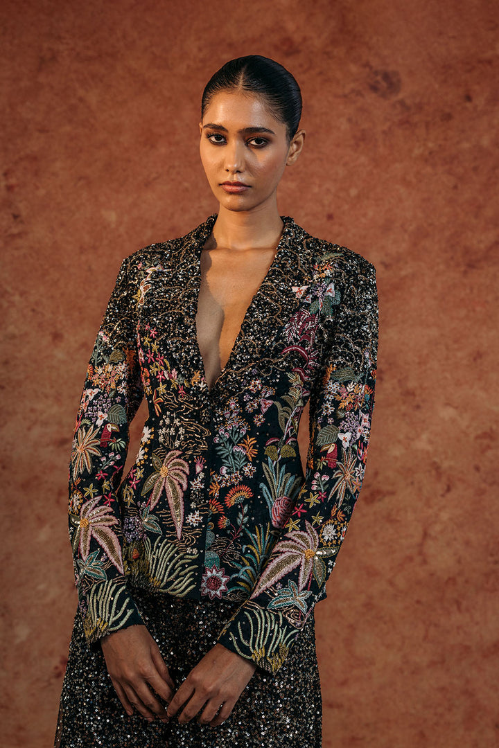 Kayra Hand-Embroidered Jacket with Hand-Embroidered Sharara in Black