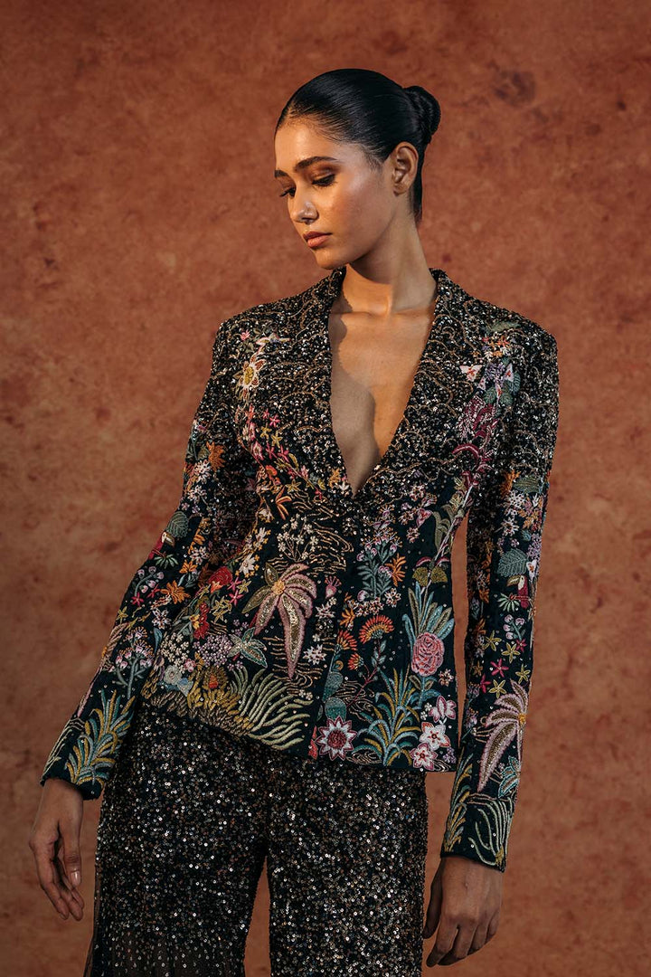 Kayra Hand-Embroidered Jacket with Hand-Embroidered Sharara in Black