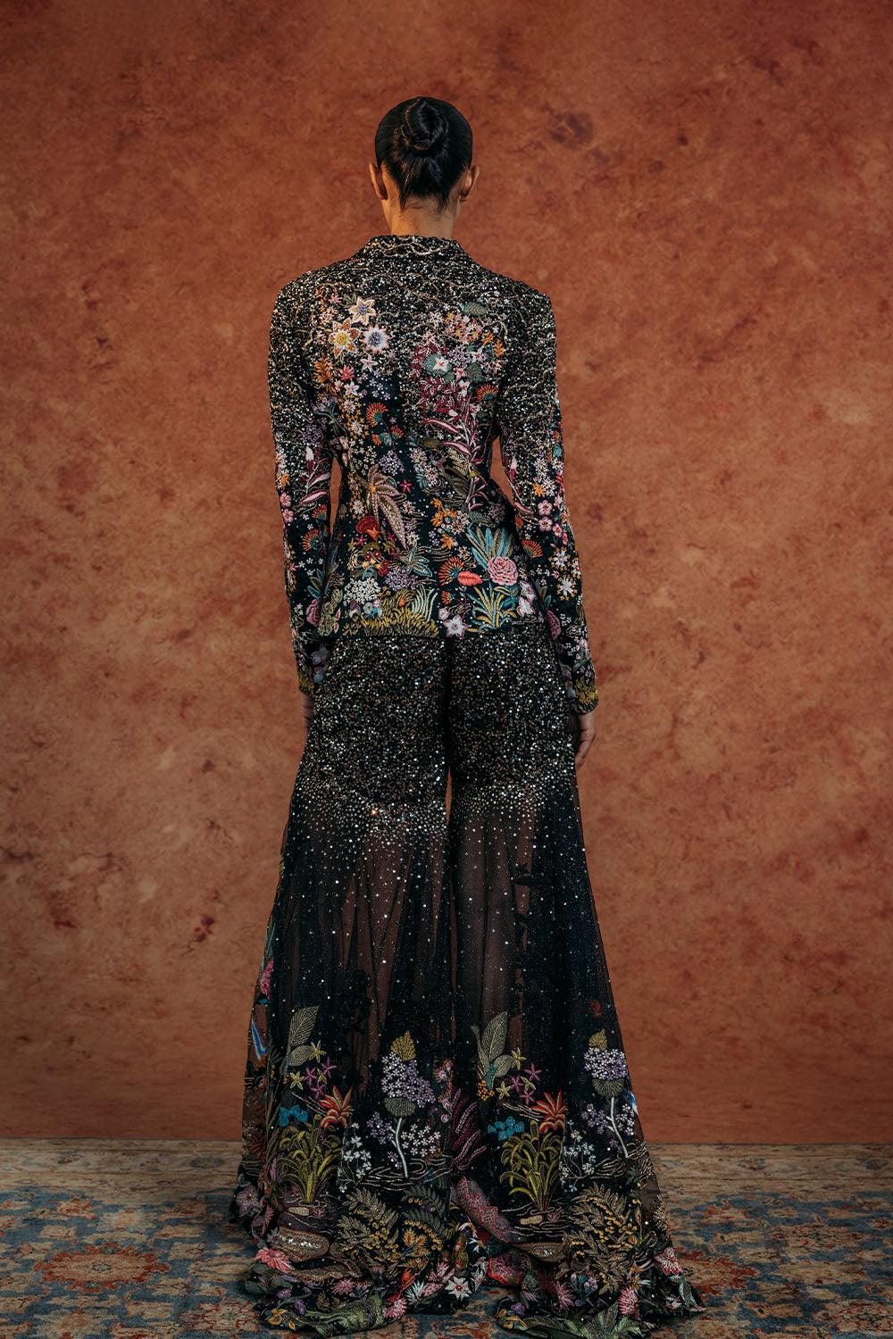 Kayra Hand-Embroidered Jacket with Hand-Embroidered Sharara in Black