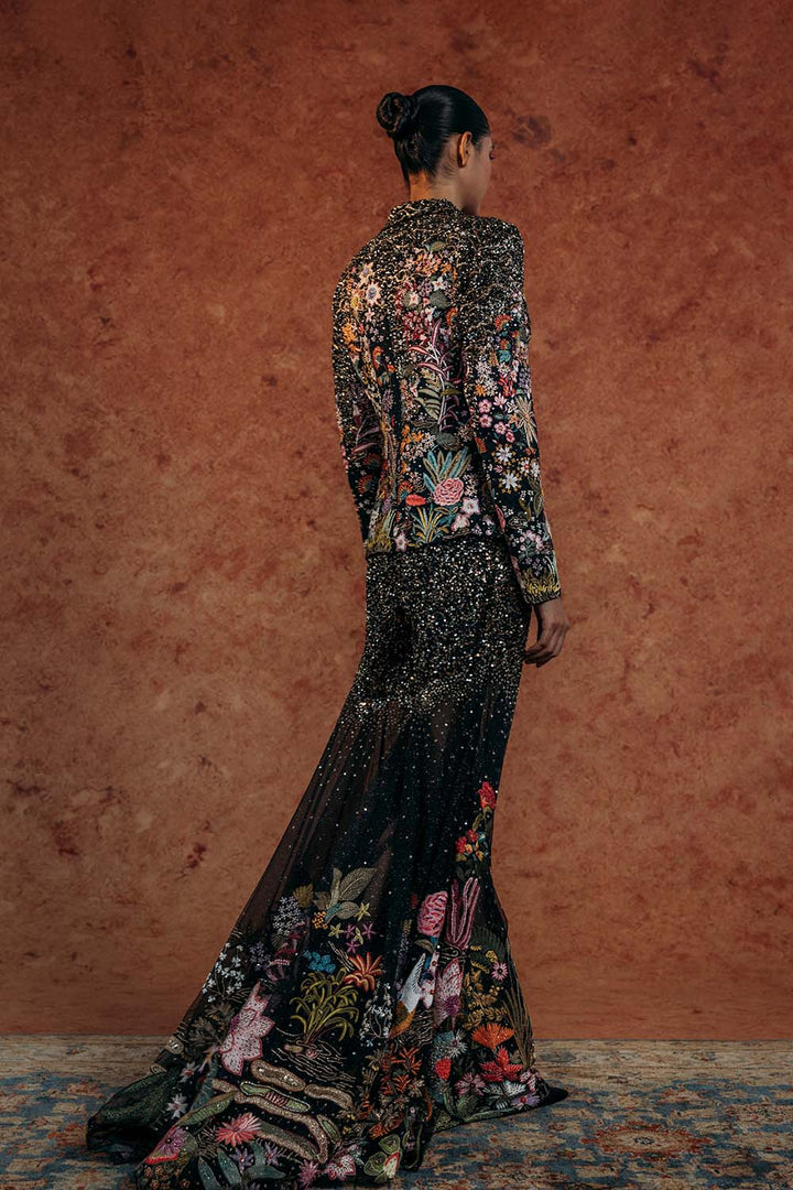 Kayra Hand-Embroidered Jacket with Hand-Embroidered Sharara in Black